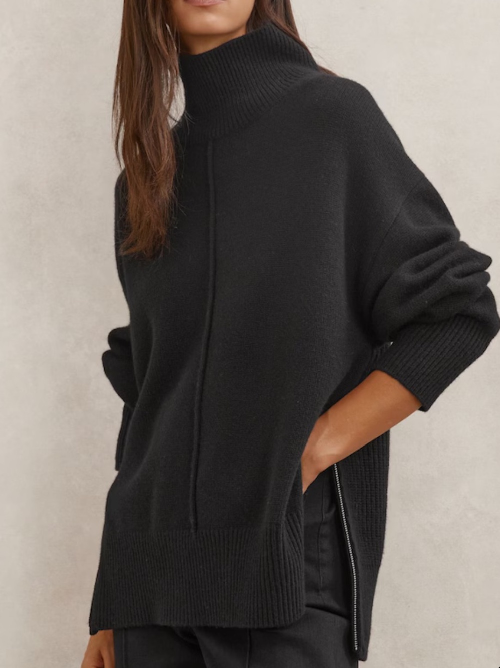 NWT Reiss Wool Zip-Detail Funnel-Neck Jumper in Black